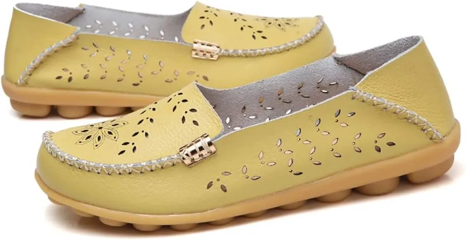 FolHaoth Women's Leather Loafers Slip On Comfortable Walking Flats Casual Round Toe Moccasins Wild Breathable Nurse Driving Fashion Soft Shoes