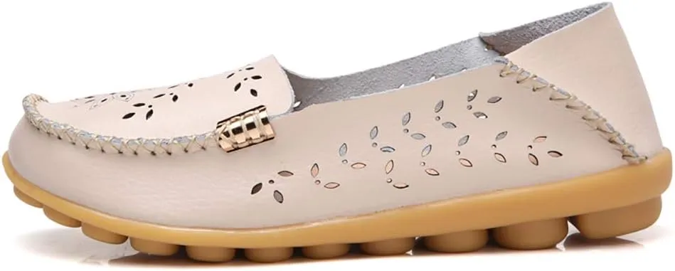 FolHaoth Women's Leather Loafers Slip On Comfortable Walking Flats Casual Round Toe Moccasins Wild Breathable Nurse Driving Fashion Soft Shoes
