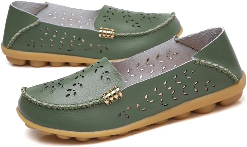 FolHaoth Women's Leather Loafers Slip On Comfortable Walking Flats Casual Round Toe Moccasins Wild Breathable Nurse Driving Fashion Soft Shoes
