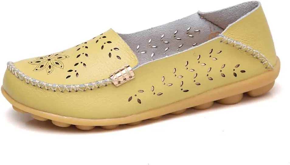 FolHaoth Women's Leather Loafers Slip On Comfortable Walking Flats Casual Round Toe Moccasins Wild Breathable Nurse Driving Fashion Soft Shoes
