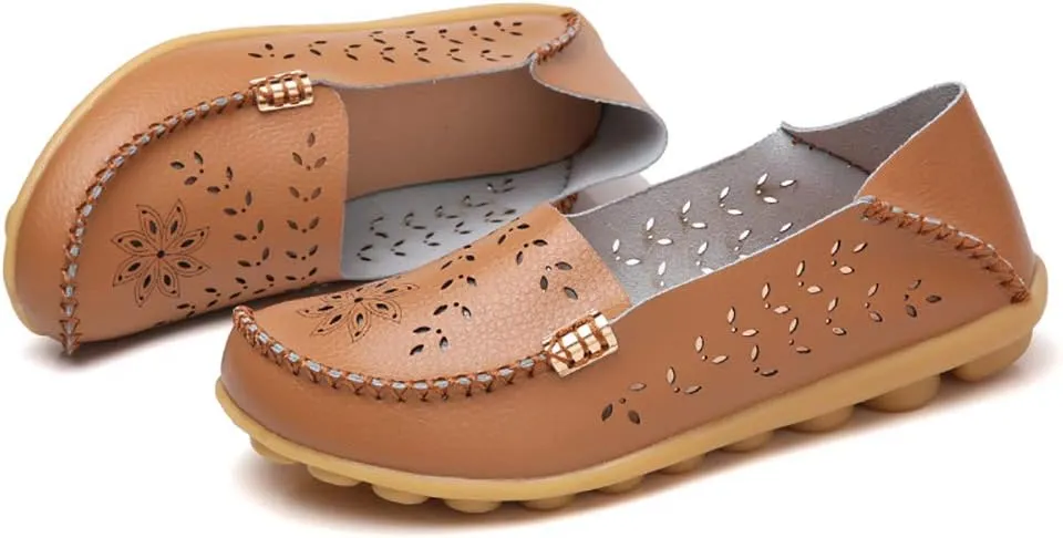 FolHaoth Women's Leather Loafers Slip On Comfortable Walking Flats Casual Round Toe Moccasins Wild Breathable Nurse Driving Fashion Soft Shoes
