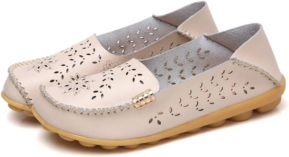 FolHaoth Women's Leather Loafers Slip On Comfortable Walking Flats Casual Round Toe Moccasins Wild Breathable Nurse Driving Fashion Soft Shoes