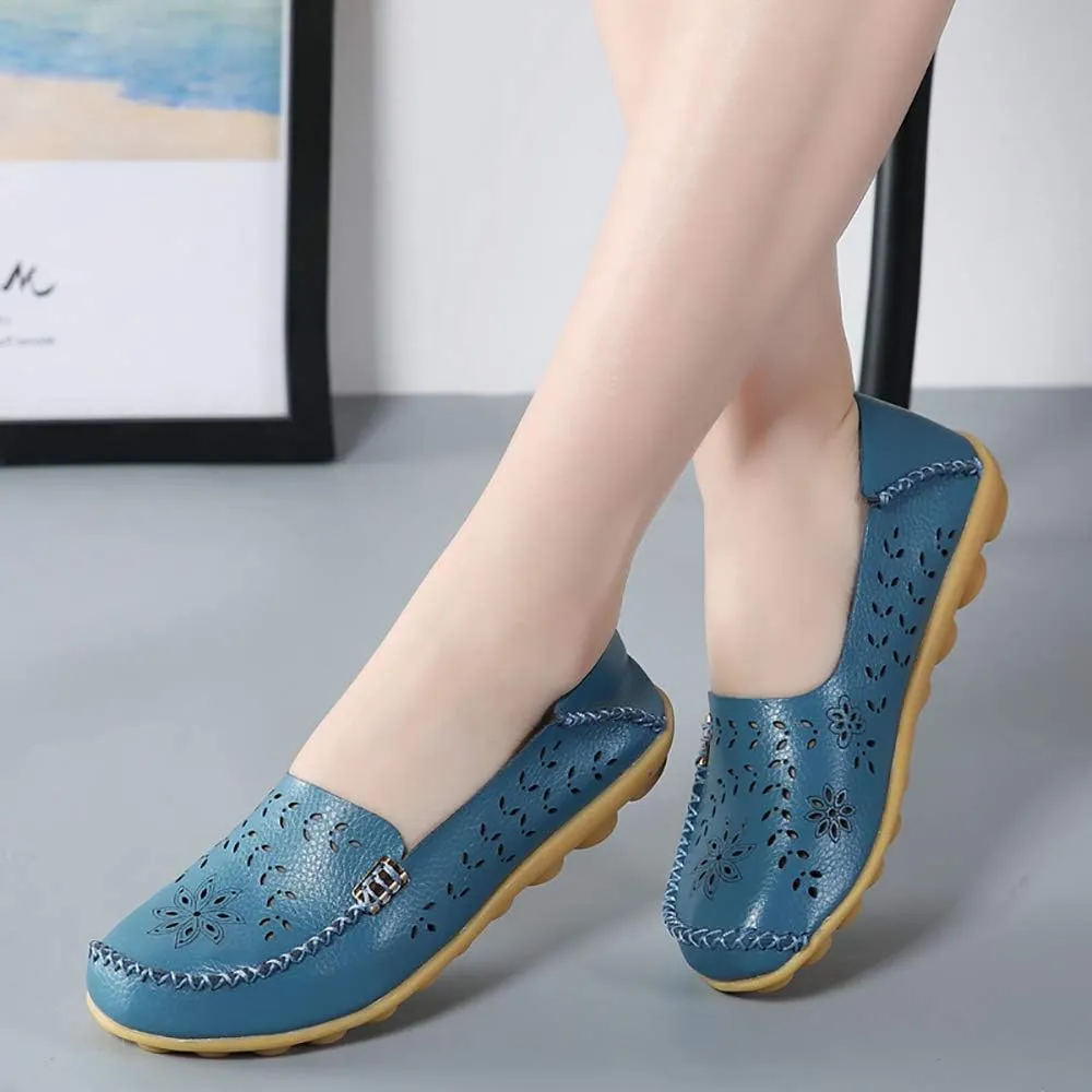 FolHaoth Women's Leather Loafers Slip On Comfortable Walking Flats Casual Round Toe Moccasins Wild Breathable Nurse Driving Fashion Soft Shoes