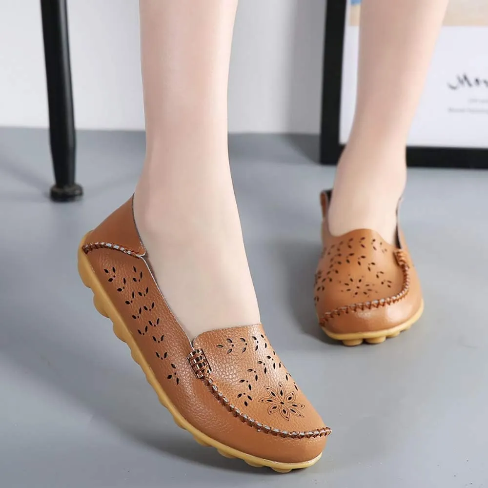 FolHaoth Women's Leather Loafers Slip On Comfortable Walking Flats Casual Round Toe Moccasins Wild Breathable Nurse Driving Fashion Soft Shoes