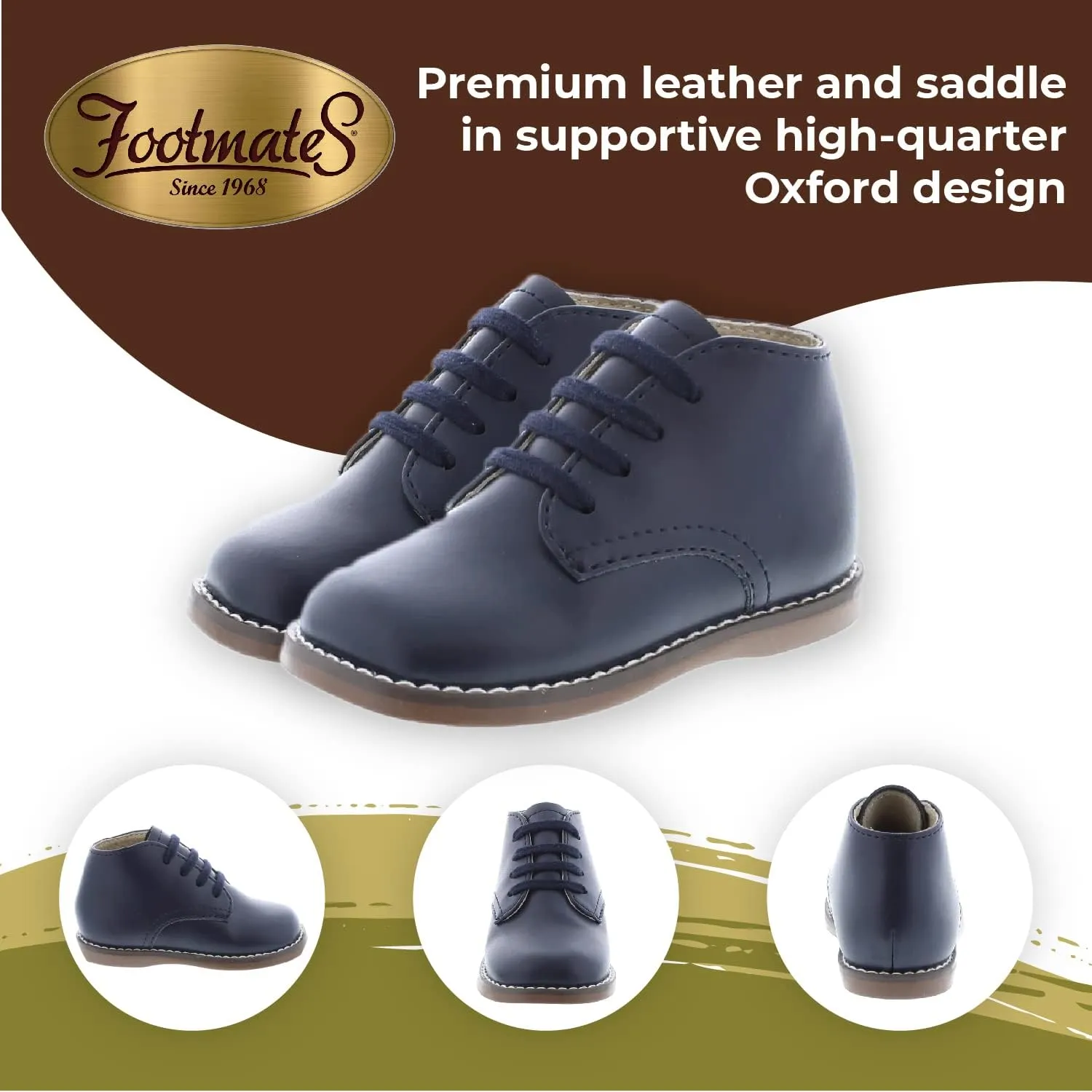 FOOTMATES Todd Lace-Up Bootie Leather Toddler and Baby Walking Shoes with Wide Toe Box and Custom-Fit Insoles, Non-Marking Outsoles - For Infants and Toddlers, Ages 0-4