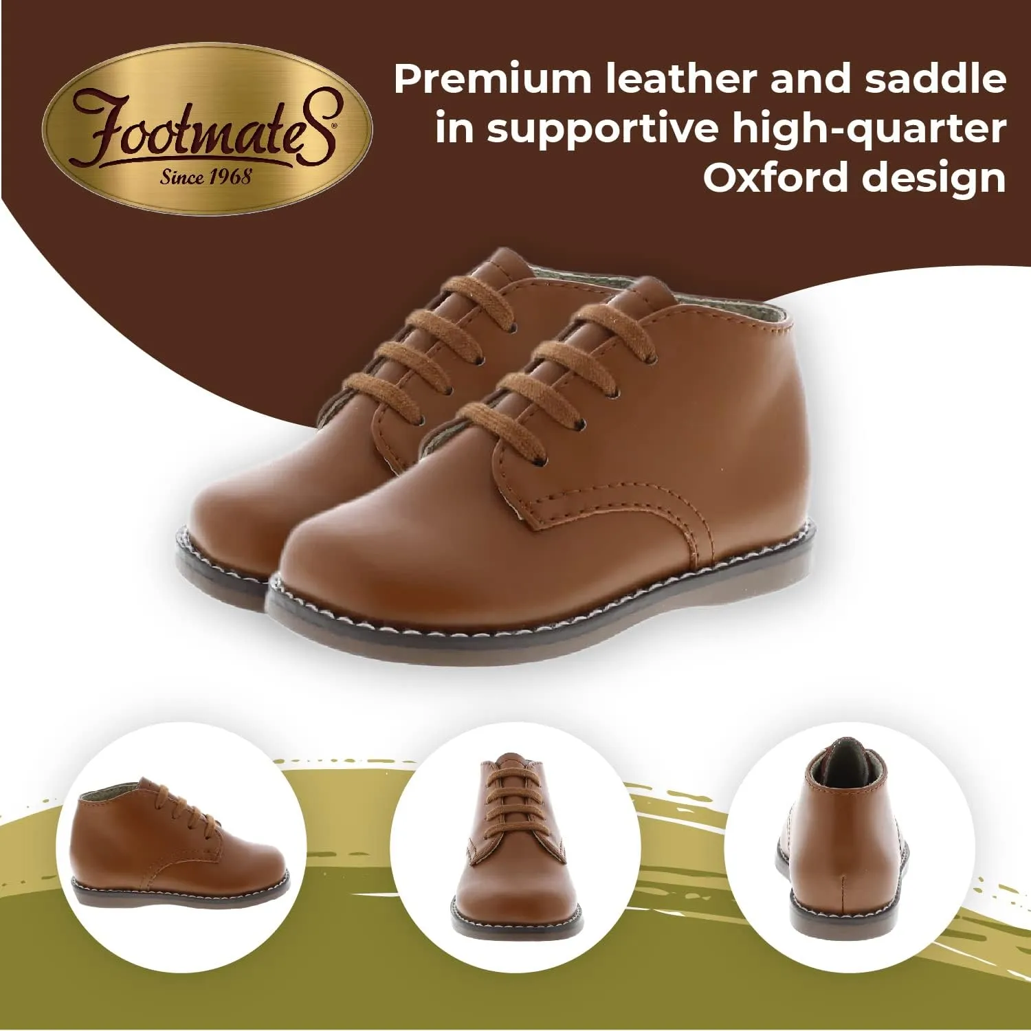 FOOTMATES Todd Lace-Up Bootie Leather Toddler and Baby Walking Shoes with Wide Toe Box and Custom-Fit Insoles, Non-Marking Outsoles - For Infants and Toddlers, Ages 0-4