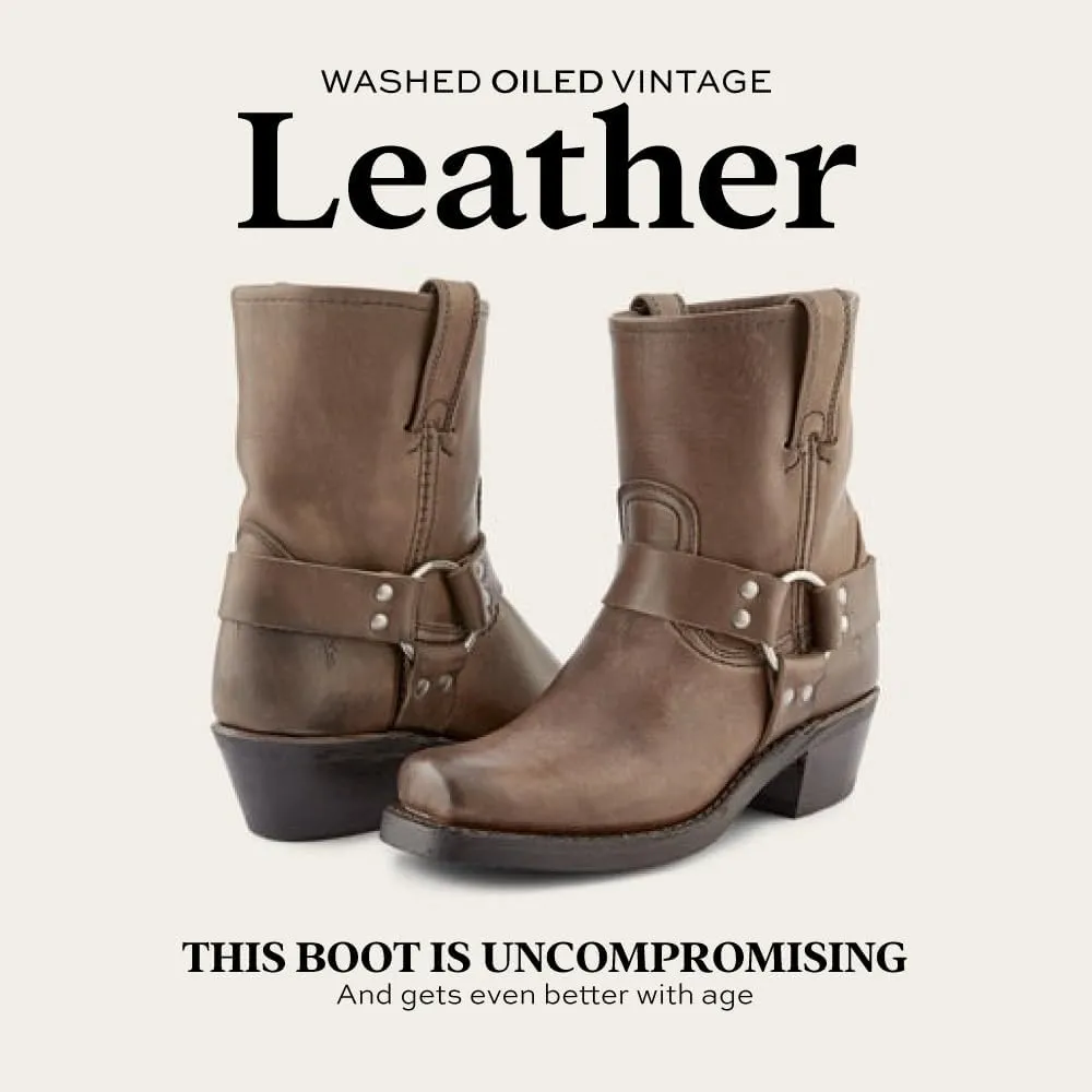 Frye Harness 8R Boots for Women Crafted from Washed and Oiled Italian Leather with Stacked Leather Heel and Rubber Outsole with Welt Construction