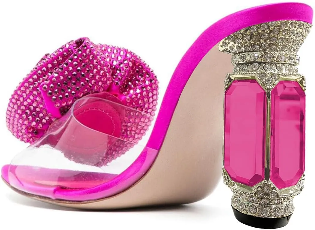 FSJ Women Charming Rose Floral Heel Sandals Clear PVC Band Crystal Chunky Heel Sexy Pointed Peep Toe Slip On Mules Party Prom Wedding Shoes Size 4-16 US