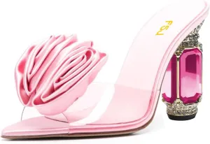 FSJ Women Charming Rose Floral Heel Sandals Clear PVC Band Crystal Chunky Heel Sexy Pointed Peep Toe Slip On Mules Party Prom Wedding Shoes Size 4-16 US