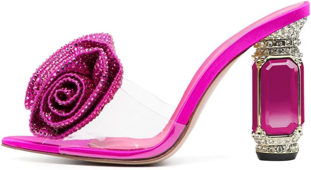 FSJ Women Charming Rose Floral Heel Sandals Clear PVC Band Crystal Chunky Heel Sexy Pointed Peep Toe Slip On Mules Party Prom Wedding Shoes Size 4-16 US