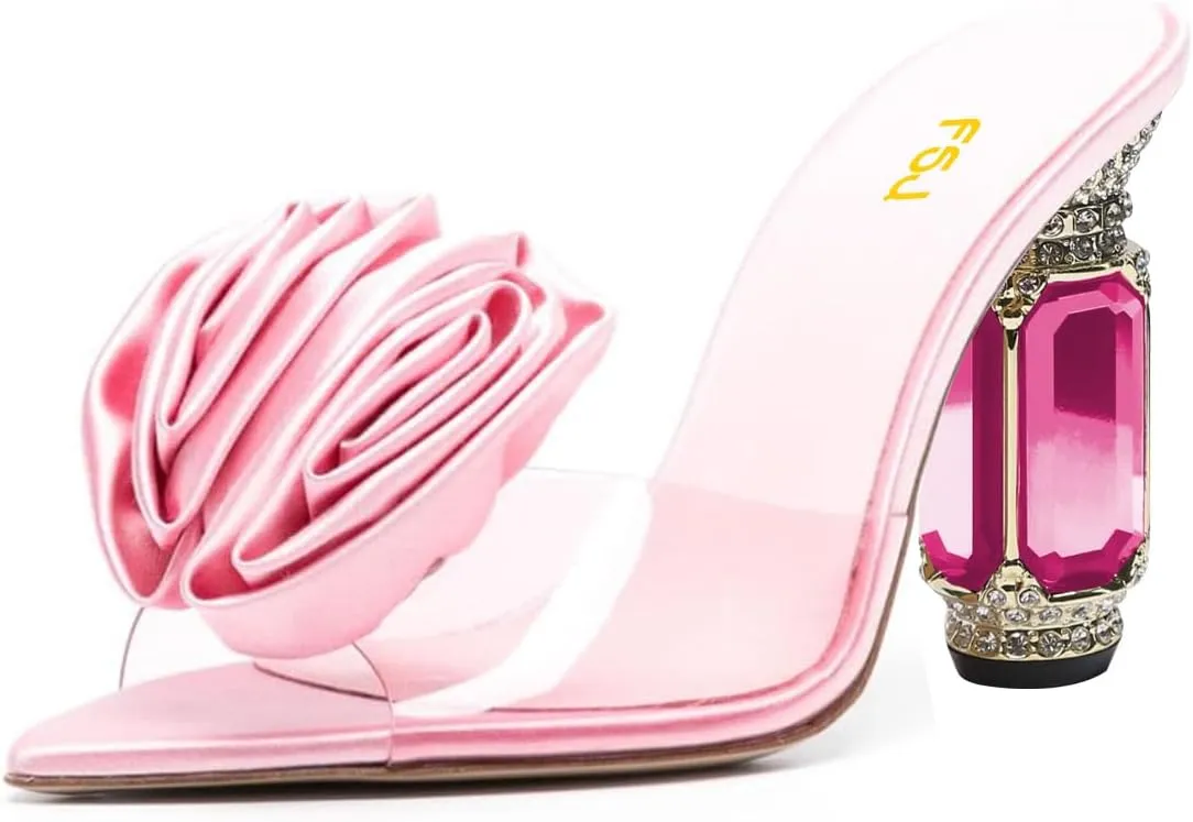 FSJ Women Charming Rose Floral Heel Sandals Clear PVC Band Crystal Chunky Heel Sexy Pointed Peep Toe Slip On Mules Party Prom Wedding Shoes Size 4-16 US