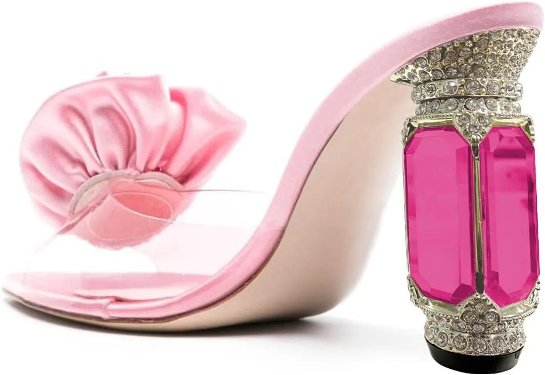 FSJ Women Charming Rose Floral Heel Sandals Clear PVC Band Crystal Chunky Heel Sexy Pointed Peep Toe Slip On Mules Party Prom Wedding Shoes Size 4-16 US