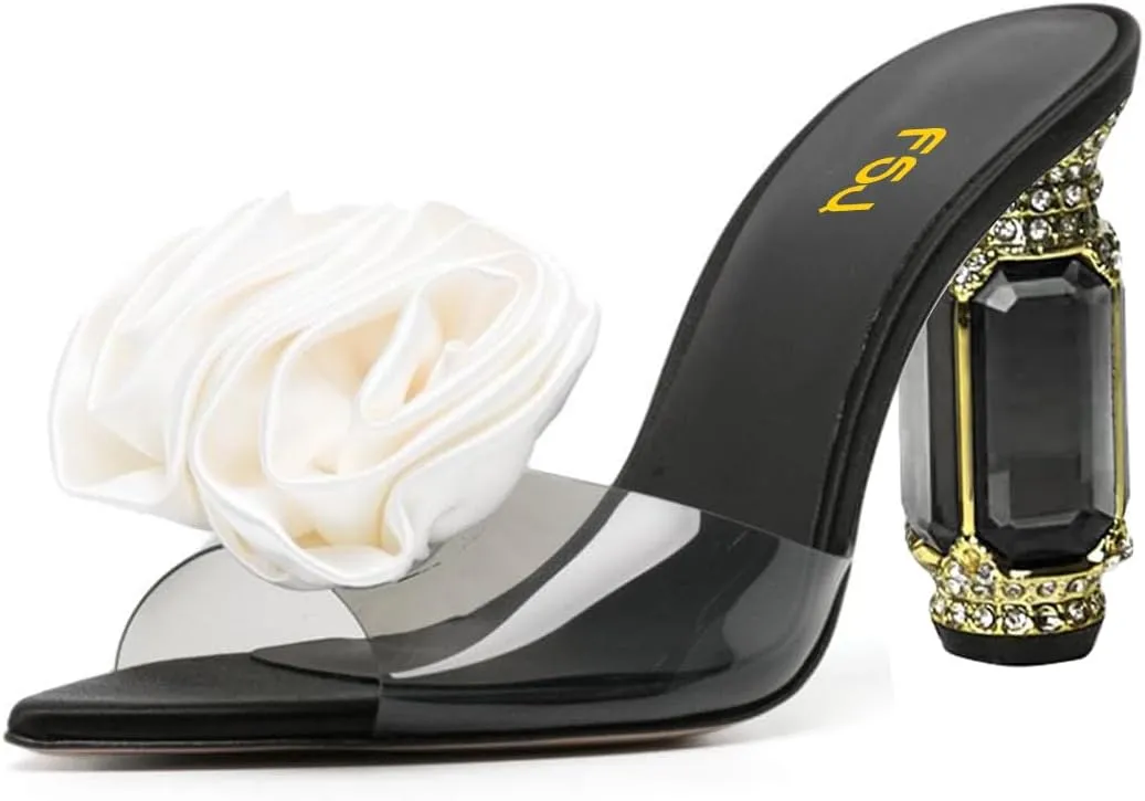 FSJ Women Charming Rose Floral Heel Sandals Clear PVC Band Crystal Chunky Heel Sexy Pointed Peep Toe Slip On Mules Party Prom Wedding Shoes Size 4-16 US