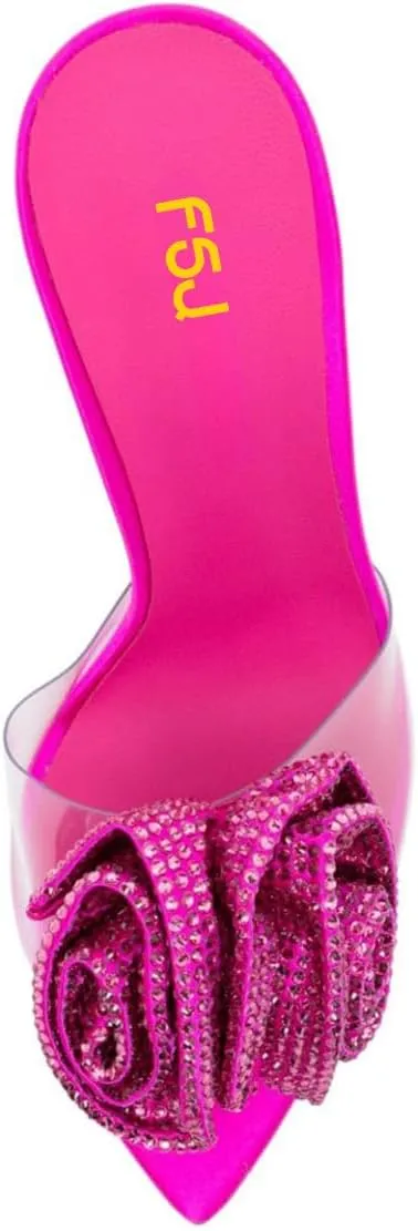 FSJ Women Charming Rose Floral Heel Sandals Clear PVC Band Crystal Chunky Heel Sexy Pointed Peep Toe Slip On Mules Party Prom Wedding Shoes Size 4-16 US