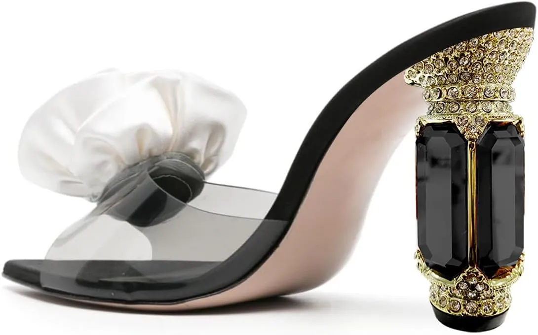 FSJ Women Charming Rose Floral Heel Sandals Clear PVC Band Crystal Chunky Heel Sexy Pointed Peep Toe Slip On Mules Party Prom Wedding Shoes Size 4-16 US