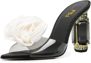 FSJ Women Charming Rose Floral Heel Sandals Clear PVC Band Crystal Chunky Heel Sexy Pointed Peep Toe Slip On Mules Party Prom Wedding Shoes Size 4-16 US