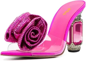 FSJ Women Charming Rose Floral Heel Sandals Clear PVC Band Crystal Chunky Heel Sexy Pointed Peep Toe Slip On Mules Party Prom Wedding Shoes Size 4-16 US