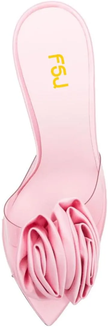 FSJ Women Charming Rose Floral Heel Sandals Clear PVC Band Crystal Chunky Heel Sexy Pointed Peep Toe Slip On Mules Party Prom Wedding Shoes Size 4-16 US