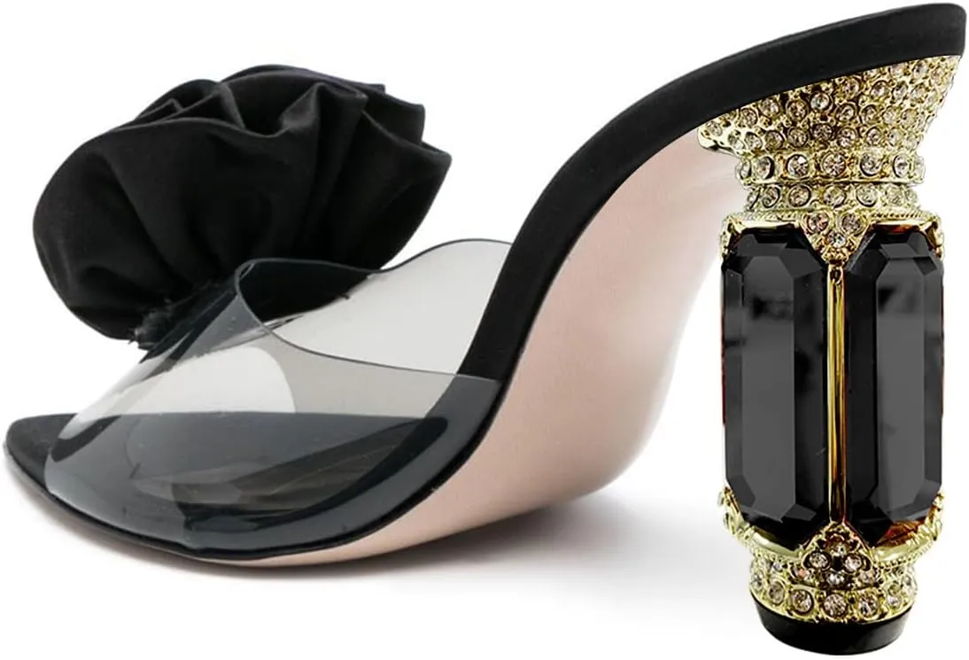 FSJ Women Charming Rose Floral Heel Sandals Clear PVC Band Crystal Chunky Heel Sexy Pointed Peep Toe Slip On Mules Party Prom Wedding Shoes Size 4-16 US