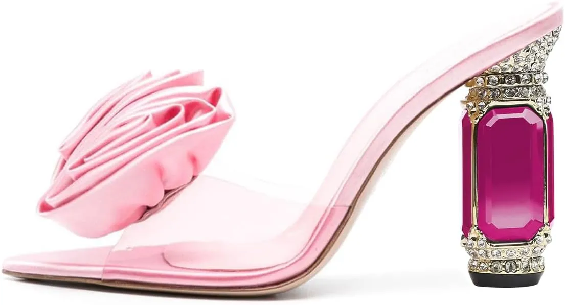 FSJ Women Charming Rose Floral Heel Sandals Clear PVC Band Crystal Chunky Heel Sexy Pointed Peep Toe Slip On Mules Party Prom Wedding Shoes Size 4-16 US