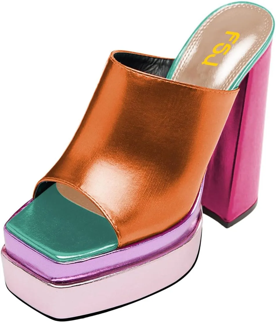 FSJ Women Chunky Platform Sandals Slip On Square Open Toe High Heel Sexy Mules Fashion Heeled Slide Party Date Dress Shoes Size 4-16 US