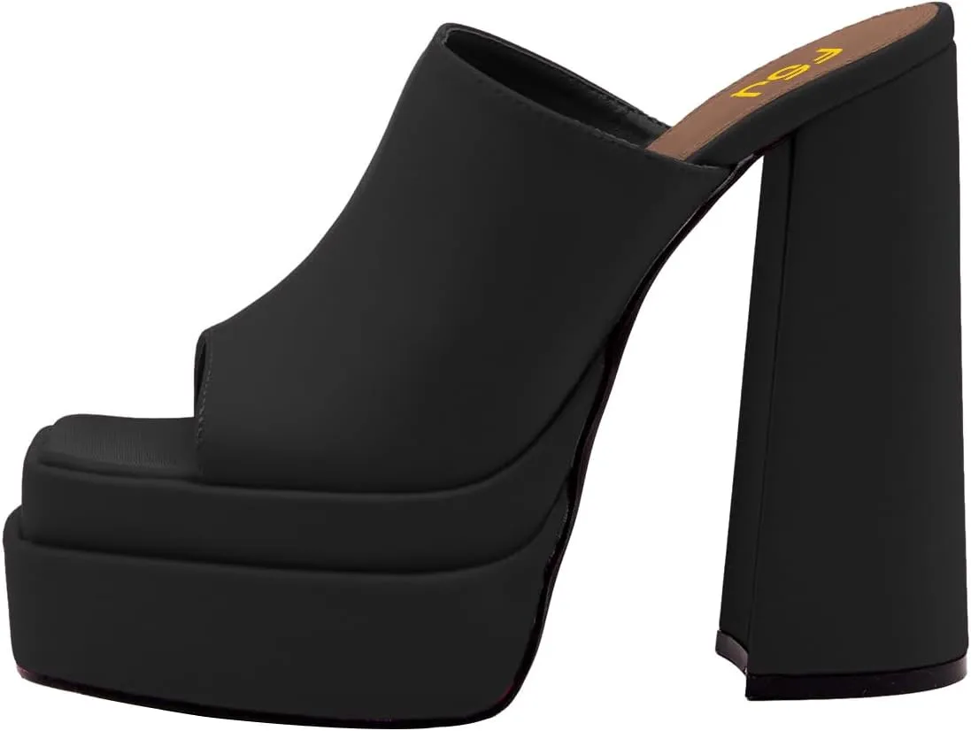 FSJ Women Chunky Platform Sandals Slip On Square Open Toe High Heel Sexy Mules Fashion Heeled Slide Party Date Dress Shoes Size 4-16 US