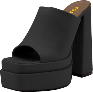 FSJ Women Chunky Platform Sandals Slip On Square Open Toe High Heel Sexy Mules Fashion Heeled Slide Party Date Dress Shoes Size 4-16 US