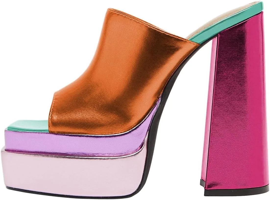 FSJ Women Chunky Platform Sandals Slip On Square Open Toe High Heel Sexy Mules Fashion Heeled Slide Party Date Dress Shoes Size 4-16 US