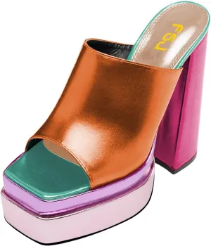 FSJ Women Chunky Platform Sandals Slip On Square Open Toe High Heel Sexy Mules Fashion Heeled Slide Party Date Dress Shoes Size 4-16 US