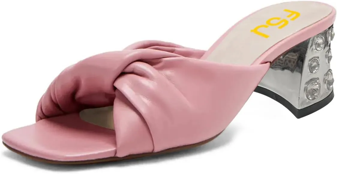 FSJ Women Comfort Slip On Crystal Block Low Heel Open Toe Mules Slides Sandals Wide Strap with Knot Causal Shoes Size 4-15 US
