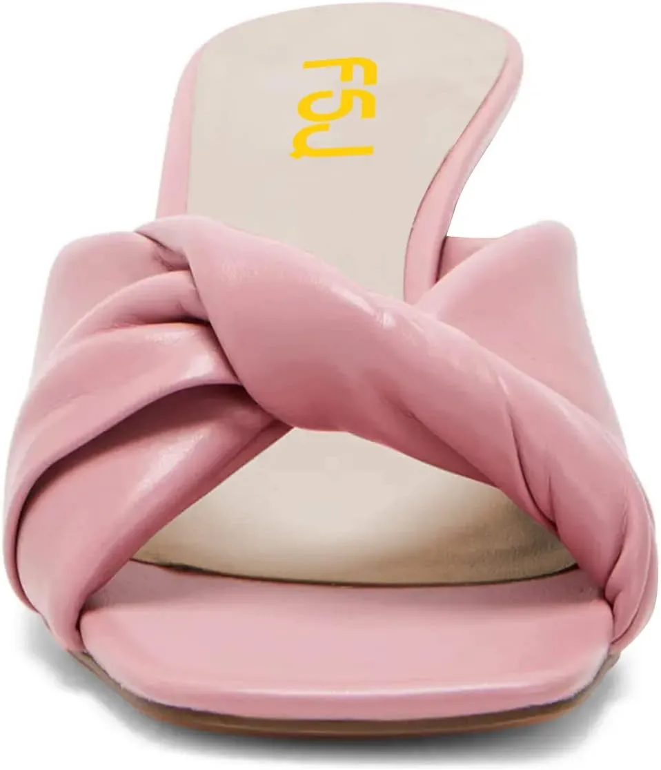 FSJ Women Comfort Slip On Crystal Block Low Heel Open Toe Mules Slides Sandals Wide Strap with Knot Causal Shoes Size 4-15 US