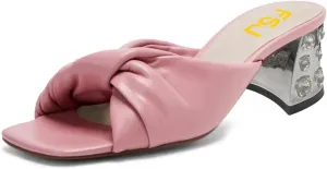 FSJ Women Comfort Slip On Crystal Block Low Heel Open Toe Mules Slides Sandals Wide Strap with Knot Causal Shoes Size 4-15 US