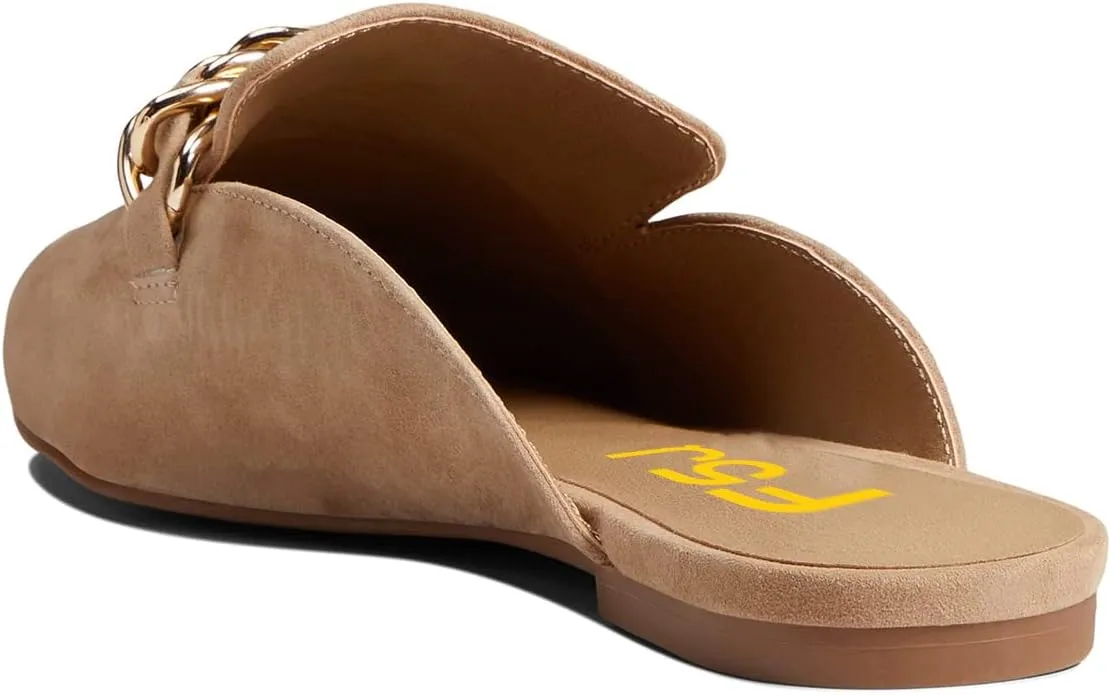 FSJ Women Fashion Closed Pointed Toe Chain Flat Mules Comfy Slip On Casual Backless Loafers Slides Shoes Size 4-15 US