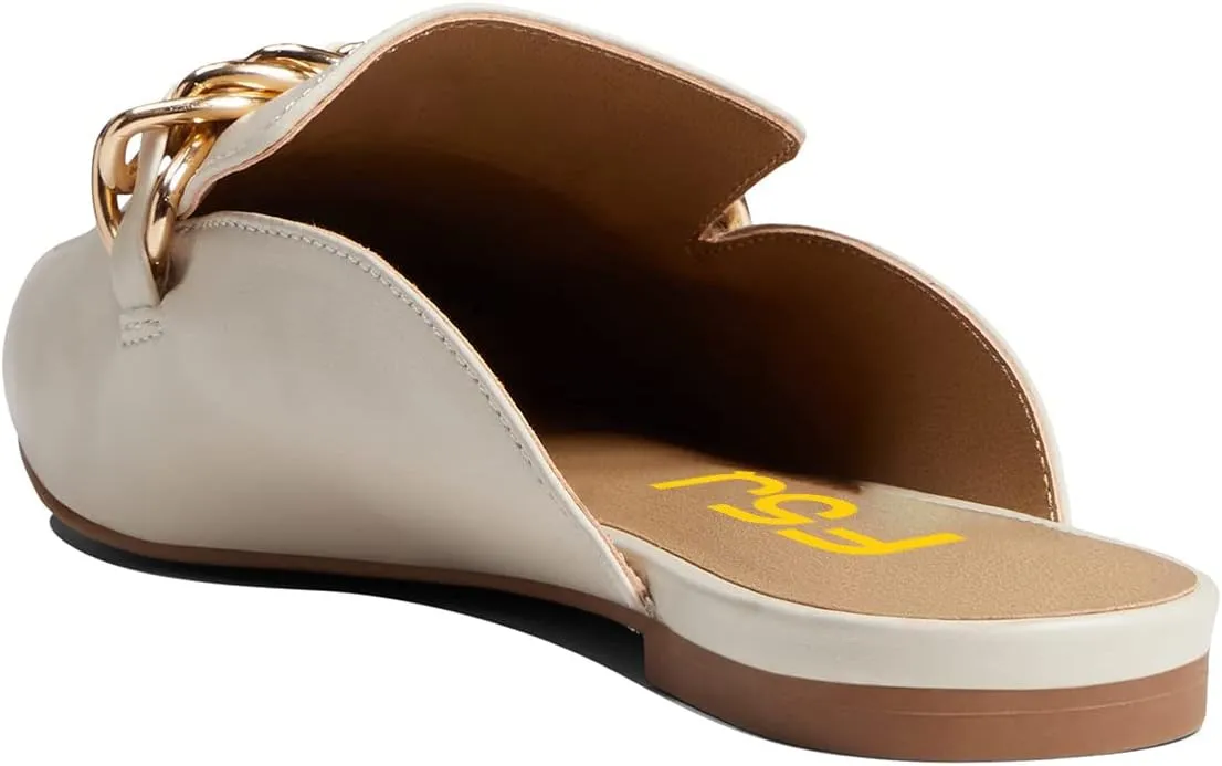 FSJ Women Fashion Closed Pointed Toe Chain Flat Mules Comfy Slip On Casual Backless Loafers Slides Shoes Size 4-15 US