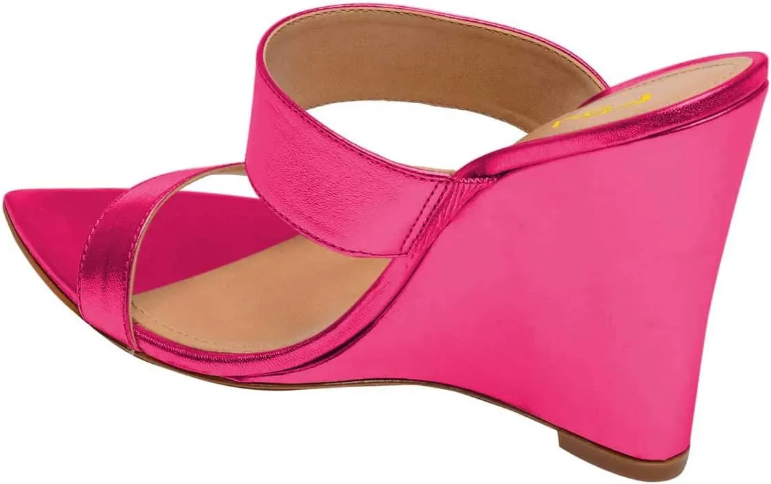 FSJ Women Fashion Open Toe Wedge Sandals High Heels Mules Double Straps Slip On Shoes Size 4-15 US