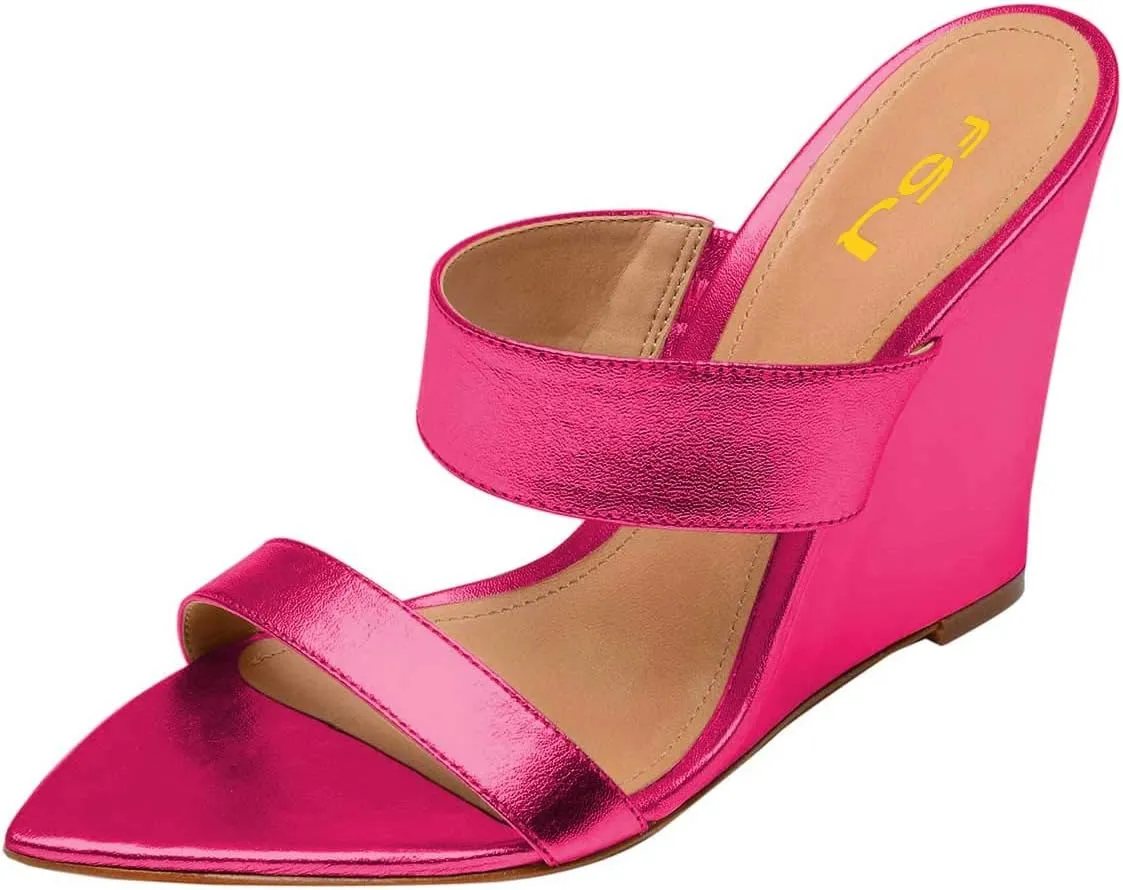 FSJ Women Fashion Open Toe Wedge Sandals High Heels Mules Double Straps Slip On Shoes Size 4-15 US