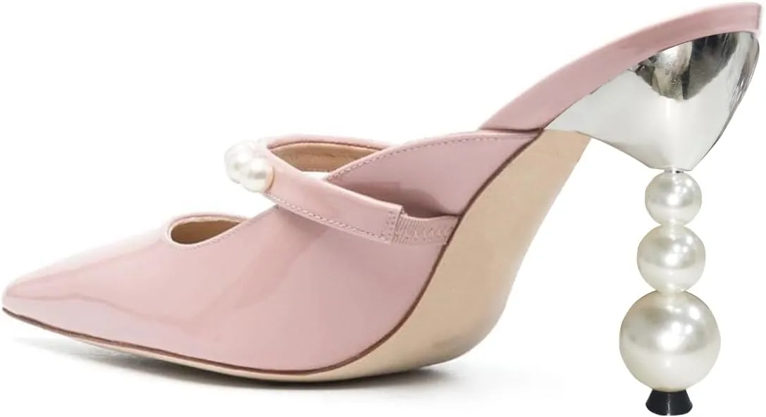FSJ Women Graceful Pointed Toe Pearls Strap Mules Slip On Pearls High Heel Backless Ladies Summer Party Dance Shoes Size 4-16 US