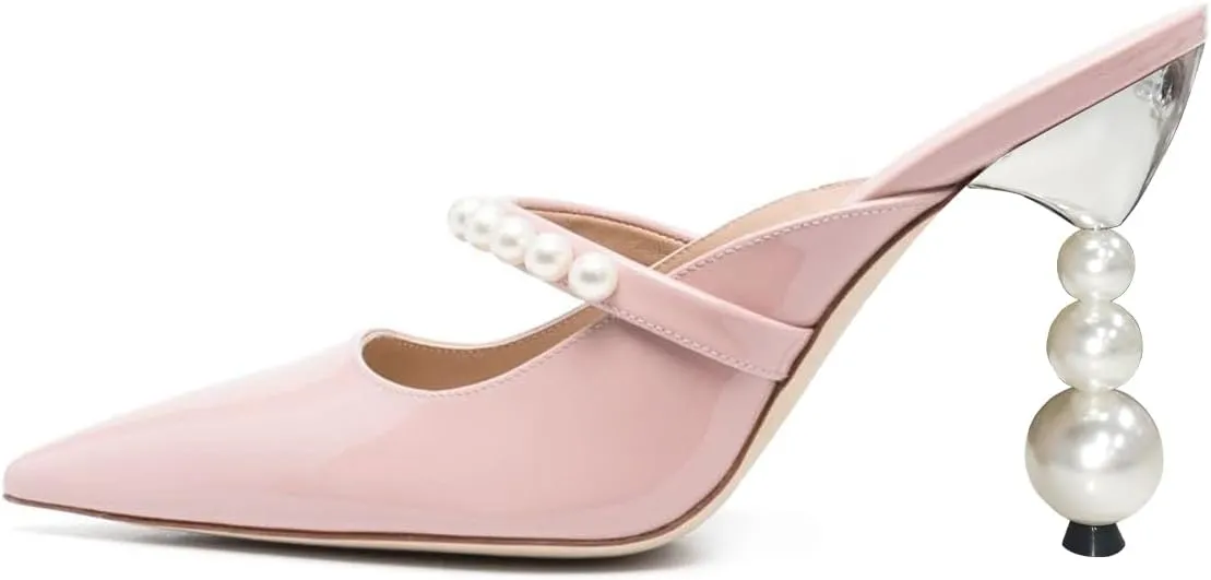 FSJ Women Graceful Pointed Toe Pearls Strap Mules Slip On Pearls High Heel Backless Ladies Summer Party Dance Shoes Size 4-16 US