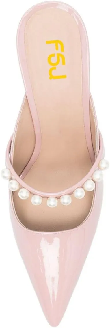 FSJ Women Graceful Pointed Toe Pearls Strap Mules Slip On Pearls High Heel Backless Ladies Summer Party Dance Shoes Size 4-16 US