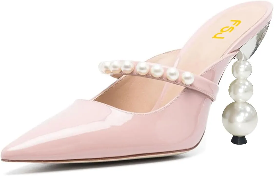 FSJ Women Graceful Pointed Toe Pearls Strap Mules Slip On Pearls High Heel Backless Ladies Summer Party Dance Shoes Size 4-16 US