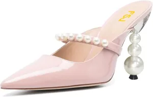 FSJ Women Graceful Pointed Toe Pearls Strap Mules Slip On Pearls High Heel Backless Ladies Summer Party Dance Shoes Size 4-16 US