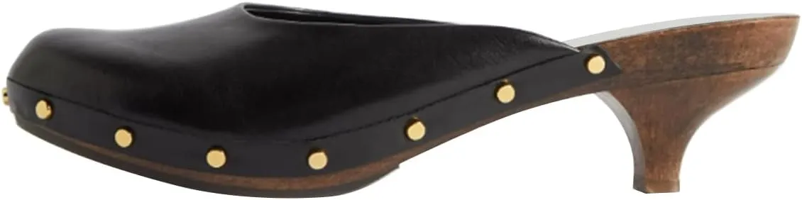 FSJ Women Retro Round Closed Toe Mules Wooden Kitten Heel Trendy Studded Slide Sandals Vintage Dressy Pumps Shoes Size 4-16 US