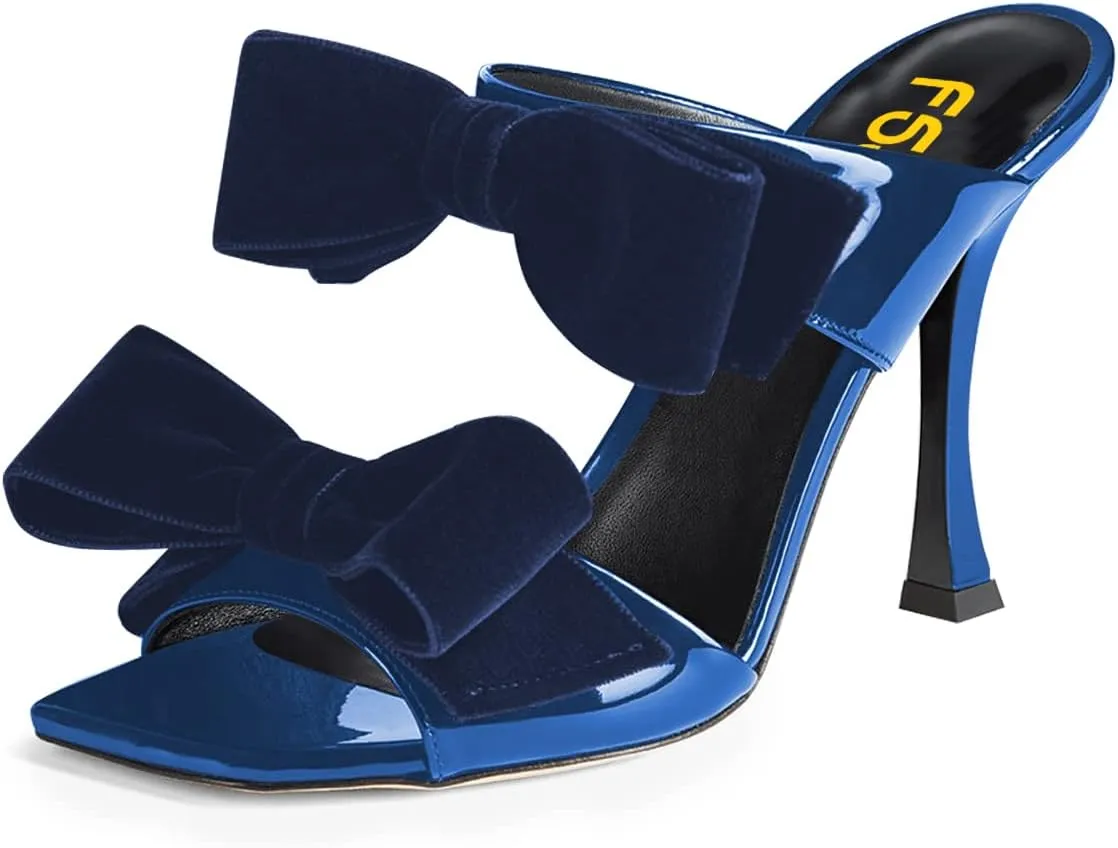 FSJ Women Sexy Two Bows Open Toe Mules Stiletto High Heel Slip On Party Evening Prom Dress Slides Sandals Shoes Size 4-15 US