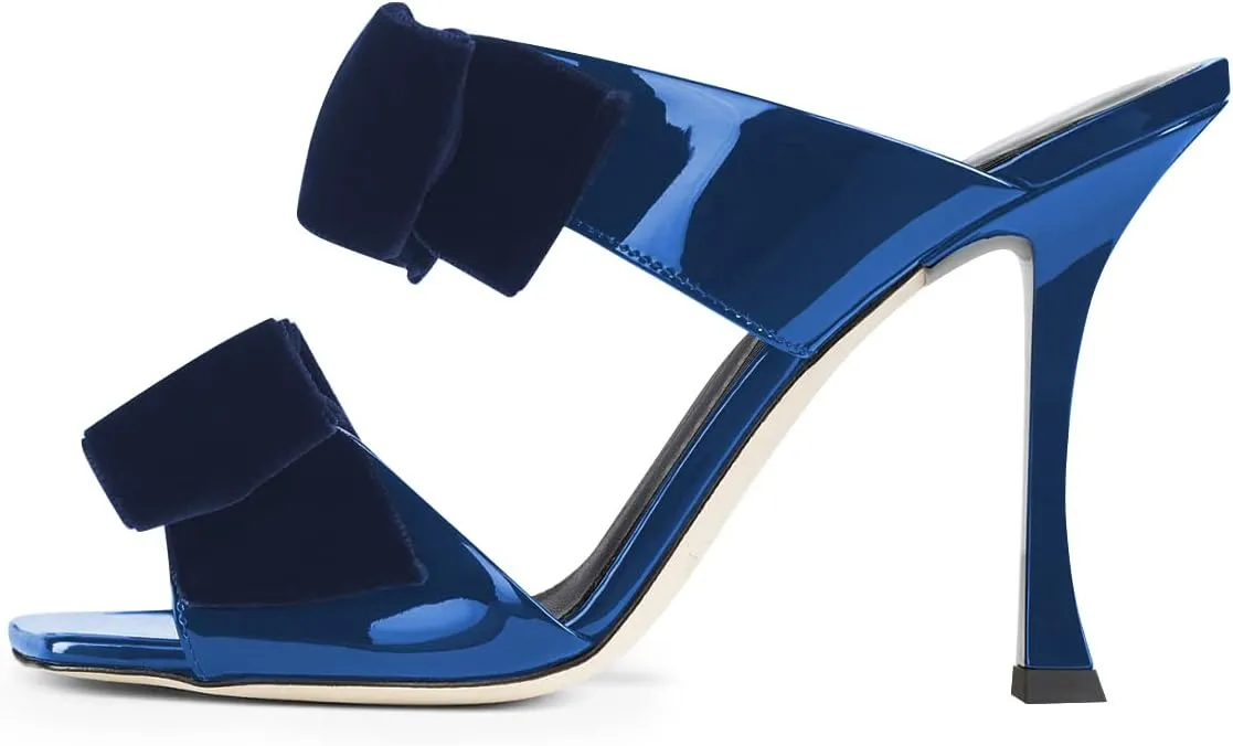 FSJ Women Sexy Two Bows Open Toe Mules Stiletto High Heel Slip On Party Evening Prom Dress Slides Sandals Shoes Size 4-15 US