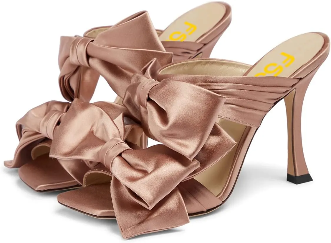 FSJ Women Sexy Two Bows Open Toe Mules Stiletto High Heel Slip On Party Evening Prom Dress Slides Sandals Shoes Size 4-15 US