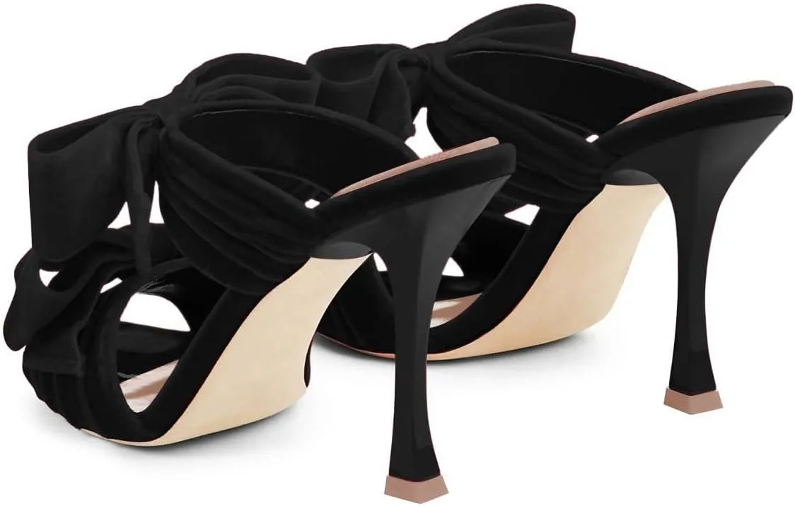 FSJ Women Sexy Two Bows Open Toe Mules Stiletto High Heel Slip On Party Evening Prom Dress Slides Sandals Shoes Size 4-15 US