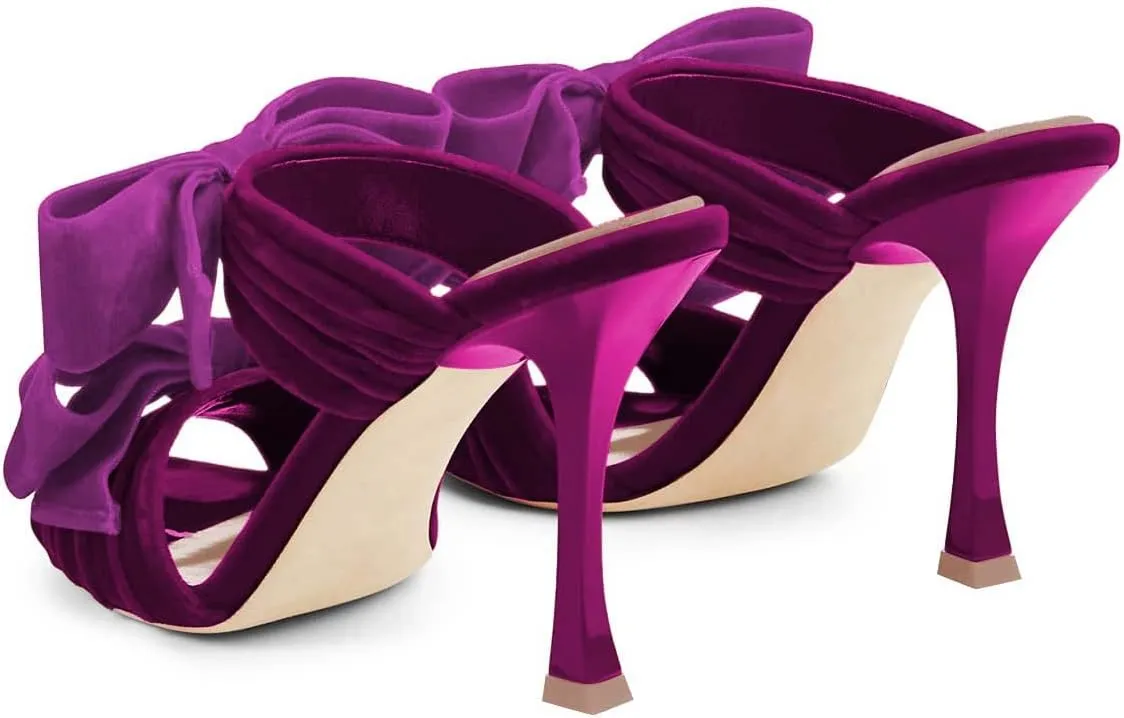 FSJ Women Sexy Two Bows Open Toe Mules Stiletto High Heel Slip On Party Evening Prom Dress Slides Sandals Shoes Size 4-15 US