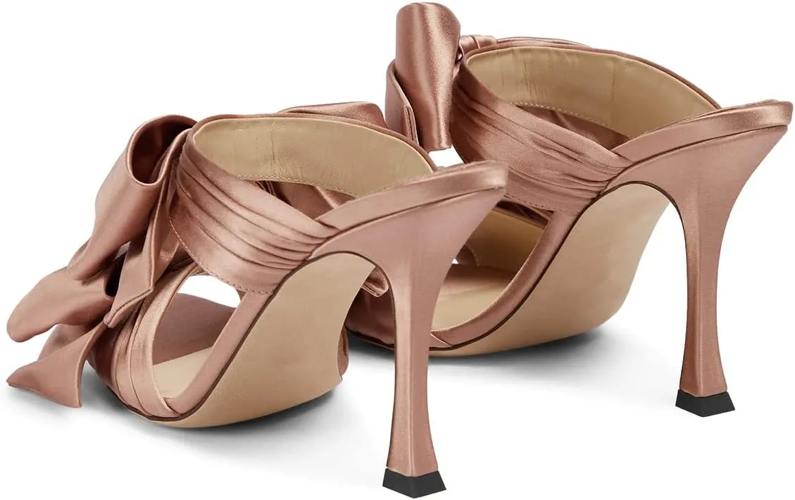 FSJ Women Sexy Two Bows Open Toe Mules Stiletto High Heel Slip On Party Evening Prom Dress Slides Sandals Shoes Size 4-15 US
