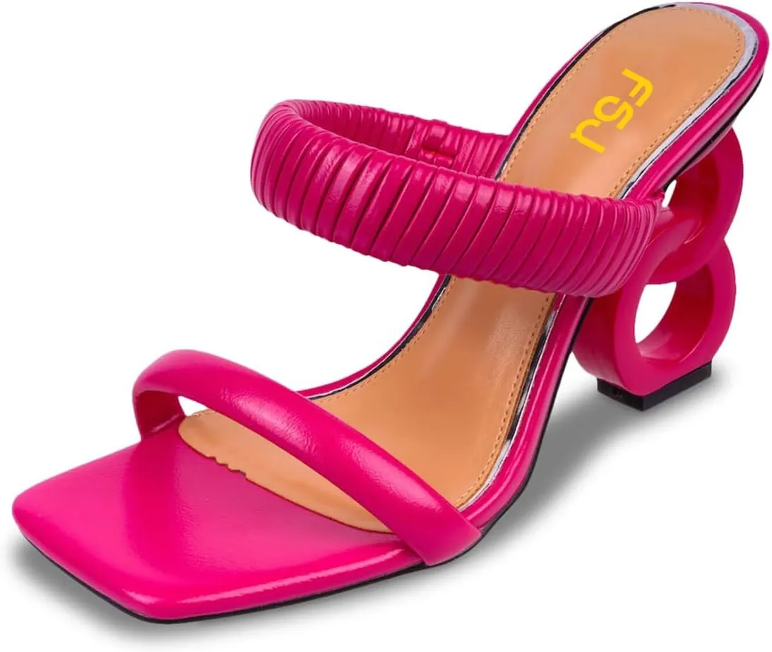 FSJ Women Square Open Toe Two Strap Heeled Sandal Chain Detail High Heel Slip On Mules Backless Slides Ladies Date Shoes Size 4-16 US