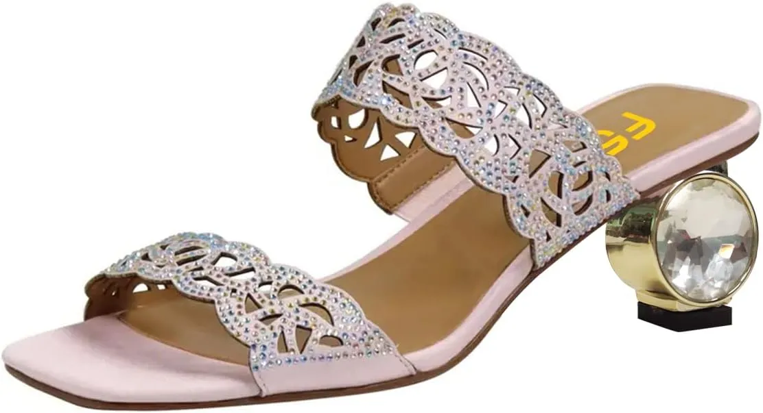 FSJ Women Stylish Cutout Open Toe Mules Slip On Round Crystal Low Heel Prom Evening Dress Slide Sandals Size 4-15 US